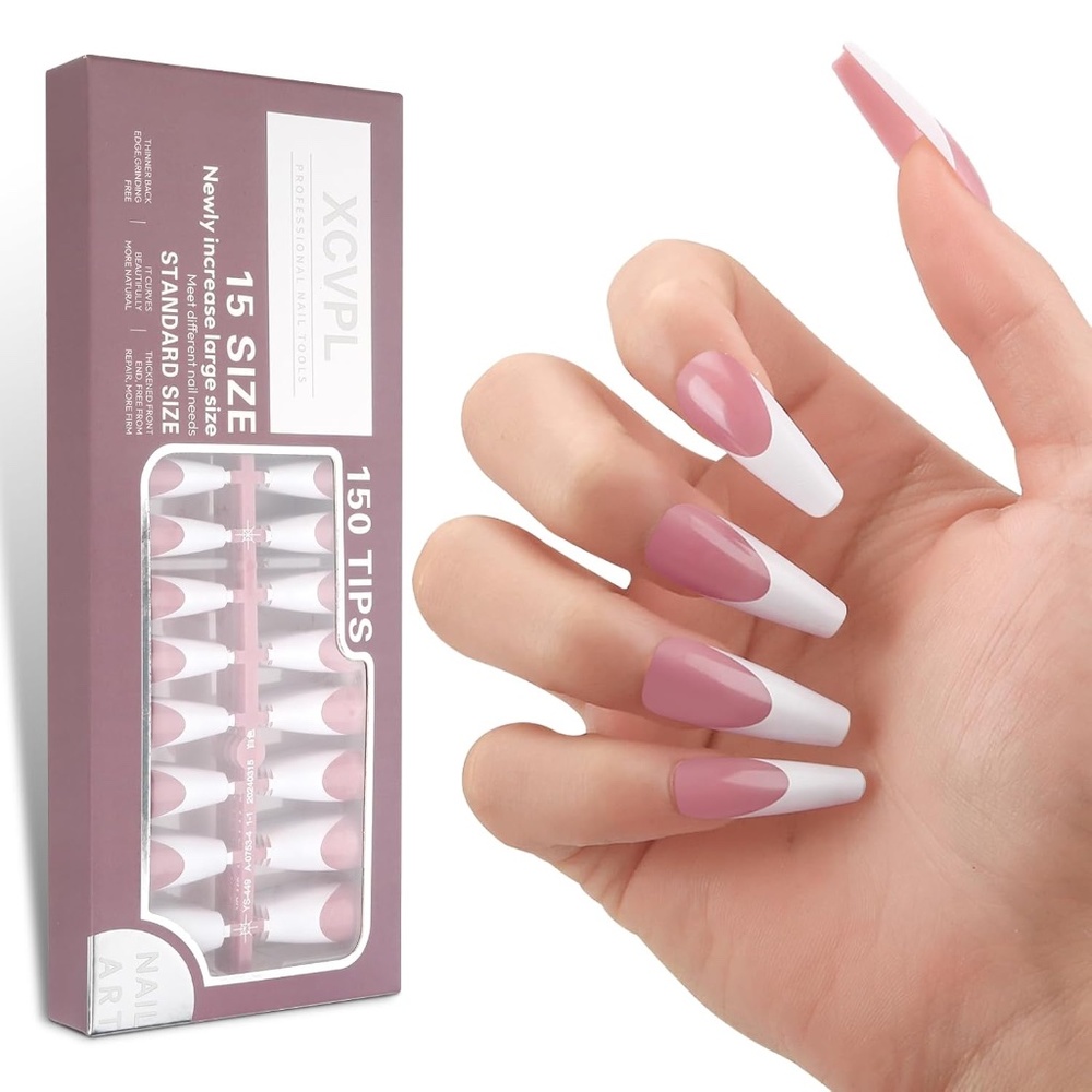 Long Coffin Pink and White French Tip Press On Nails